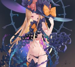Rule 34 | 1girl, abigail williams (fate), abigail williams (second ascension) (fate), bare shoulders, black bow, black hat, black panties, blonde hair, blush, bow, breasts, fate/grand order, fate (series), forehead, grey background, hat, highres, io (io oekaki), keyhole, long hair, multiple bows, orange bow, panties, parted bangs, polka dot, polka dot bow, red eyes, small breasts, solo, underwear, witch hat