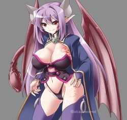 Rule 34 | 1girl, akazawa red, alma elma, breast tattoo, breasts, cape, cleavage, demon girl, elbow gloves, gloves, horns, large breasts, long hair, mon-musu quest!, monster girl, pointy ears, purple hair, red eyes, revealing clothes, smile, solo, standing, tail, tattoo, thighhighs, thong, very long hair, wide hips, wings