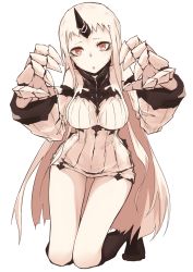 Rule 34 | 10s, 1girl, abyssal ship, bad id, bad pixiv id, bare shoulders, blush, breasts, bullfalk, claws, detached sleeves, dress, horns, kantai collection, kneeling, large breasts, long hair, looking at viewer, nasamuto, open mouth, pale skin, red eyes, ribbed dress, ribbed sweater, seaport princess, short dress, single horn, solo, sweatdrop, sweater, sweater dress, thighs, very long hair, white background, white hair