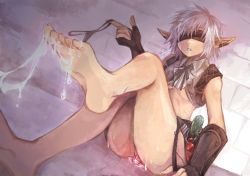Rule 34 | 1girl, warrior of light (ff14), barefoot, black panties, blindfold, breasts, brown gloves, collared shirt, commentary request, crop top, cum, cum on body, cum on feet, cum string, dated, elezen, elf, feet, final fantasy, final fantasy xiv, fingerless gloves, foot focus, foot out of frame, gloves, holding, holding clothes, holding panties, holding underwear, lunaraven, object insertion, panties, pointy ears, pouch, shirt, short hair, signature, sleeveless, sleeveless shirt, small breasts, soles, solo, underwear, vaginal, vaginal object insertion, white hair, white shirt