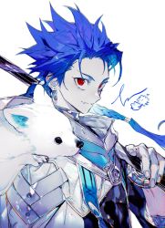Rule 34 | 1boy, blue hair, braid, closed mouth, cu chulainn (fate), earrings, fang, fang out, fate/grand order, fate/grand order arcade, fate (series), fingernails, highres, jewelry, looking at viewer, male focus, pigeon666, red eyes, setanta (fate), simple background, skin fang, smile, solo, white background