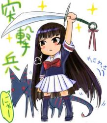 Rule 34 | 1girl, arm up, black eyes, black hair, black thighhighs, blush, bow, brown eyes, brown hair, cat, chibi, chibi only, lowres, pleated skirt, school uniform, serafuku, shoes, skirt, solo, source request, sword, thighhighs, weapon