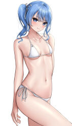 Rule 34 | 1girl, absurdres, bikini, blue eyes, blue hair, blush, breasts, closed mouth, collarbone, highres, hololive, hoshimachi suisei, laimer, navel, side-tie bikini bottom, side ponytail, simple background, small breasts, smile, solo, star (symbol), star in eye, stomach, swimsuit, symbol in eye, virtual youtuber, white background, white bikini