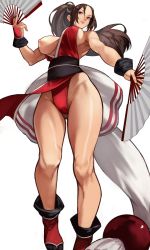 Rule 34 | 1girl, absurdres, bare shoulders, black legwear, brown eyes, brown hair, fatal fury, gluteal fold, hand fan, highres, holding, holding fan, japanese clothes, long hair, nipples, one breast out, ponytail, revealing clothes, sash, shiranui mai, simple background, smile, snk, solo, the king of fighters, white background, yoshio (55level)