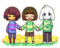 Rule 34 | 1boy, ^ ^, alternate universe, androgynous, asriel dreemurr, black eyes, blush stickers, brown hair, chara (undertale), child, closed eyes, flower, frisk (undertale), furry, holding hands, macotea, md5 mismatch, monster boy, shirt, smile, spoilers, striped clothes, striped shirt, undertale, yellow flower