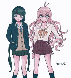 Rule 34 | 2girls, antenna hair, black hairband, black socks, blonde hair, bngs, breasts, chabashira tenko, cleavage, collarbone, collared shirt, feet out of frame, green skirt, hair between eyes, hairband, hand on own hip, iruma miu, jacket, kneehighs, large breasts, long hair, miniskirt, multiple girls, necktie, official alternate costume, open clothes, open jacket, pisapipi, plaid, plaid necktie, plaid skirt, pleated skirt, red skirt, shirt, skirt, socks, translation request, white shirt