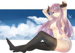 Rule 34 | 10s, 1girl, absurdres, alternate eye color, black thighhighs, breasts, draph, esencey, from side, full body, granblue fantasy, hair censor, hair over one eye, hair over shoulder, highres, horns, large breasts, light purple hair, long hair, looking at viewer, narmaya (granblue fantasy), navel, panties, parted lips, pointy ears, purple eyes, sidelocks, sitting, solo, thighhighs, thighs, topless, underwear, white panties