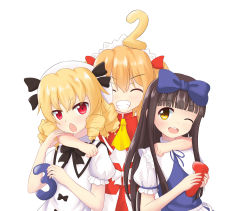 Rule 34 | 3girls, arm around neck, black hair, black neckwear, blonde hair, blue bow, blue dress, blunt bangs, bow, chestnut mouth, closed eyes, commentary request, date pun, dress, drill hair, grin, hair bow, hat, headdress, holding, hug, hug from behind, long hair, looking at viewer, luna child, multiple girls, number pun, one eye closed, p.w., red eyes, red hair, red vest, short hair, sidelocks, simple background, smile, star sapphire, sunny milk, teeth, thick eyebrows, touhou, upper body, upper teeth only, very long hair, vest, white background, white dress, yellow eyes, yellow neckwear