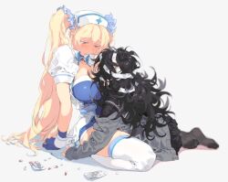 Rule 34 | 2girls, bandaged head, bandages, black hair, black pantyhose, black sailor collar, black skirt, blonde hair, blood, bloody bandages, blue eyes, blue gloves, blush, breasts, cardigan, eye contact, gloves, grey background, hair between eyes, hat, large breasts, long hair, long sleeves, looking at another, messy hair, multiple girls, nanaichi, nurse cap, off shoulder, original, pantyhose, parted lips, pill, pleated skirt, puffy short sleeves, puffy sleeves, ribbon, sailor collar, short sleeves, simple background, skirt, sweat, thighhighs, twintails, very long hair, white thighhighs
