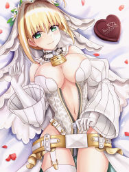 Rule 34 | 10s, 1girl, ahoge, animal print, arrow (projectile), bare shoulders, bed sheet, belt, belt skirt, blonde hair, blush, bodysuit, breasts, bridal veil, candy, center opening, chain, chocolate, chocolate heart, cleavage, closed mouth, cowboy shot, detached collar, detached sleeves, elbow gloves, fate/extra, fate/extra ccc, fate/grand order, fate (series), flower, food, from above, full-length zipper, garter straps, gloves, green eyes, hair between eyes, hair intakes, heart, hip focus, indoors, large breasts, leopard print, leotard, light smile, lock, looking at viewer, lying, navel, nero claudius (bride) (fate), nero claudius (bride) (second ascension) (fate), nero claudius (fate), nero claudius (fate) (all), no bra, on back, on bed, padlock, petals, puffy detached sleeves, puffy sleeves, short hair, showgirl skirt, sidelocks, single thighhigh, skirt, smile, solo, strapless, strapless leotard, thighhighs, unzipped, unzipping, valentine, veil, white gloves, white thighhighs, wide sleeves, xyomouse, zipper