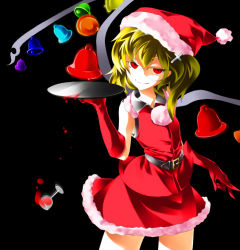 Rule 34 | 1girl, alternate wings, amagi xx, amaki someichi, bell, blonde hair, christmas, colored eyelashes, cup, drinking glass, eyelashes, female focus, flandre scarlet, gloves, hat, no nose, red eyes, red gloves, santa costume, smirk, solo, spill, touhou, tray, wine glass, wings
