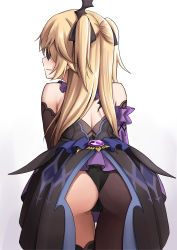 Rule 34 | 1girl, absurdres, ass, back, bare shoulders, black gloves, black thighhighs, blonde hair, bodystocking, breasts, coattails, elbow gloves, eyepatch, fischl (genshin impact), genshin impact, gloves, highres, karadborg, long hair, medium breasts, open mouth, simple background, single leg pantyhose, single thighhigh, solo, thighhighs, thighs, two side up