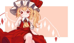 Rule 34 | 1girl, :i, arm up, ascot, blonde hair, brooch, commentary, english commentary, feet out of frame, finger to cheek, flandre scarlet, from below, hair between eyes, hat, hat ribbon, jewelry, looking at viewer, looking down, mob cap, pink background, pointy ears, puffy short sleeves, puffy sleeves, red eyes, red skirt, red vest, ribbon, shirt, short hair, short sleeves, side ponytail, sitting, sketch, skirt, solo, touhou, two-tone background, vest, white background, white shirt, wings, yellow ascot, yoruny