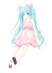 Rule 34 | 1girl, blue eyes, blue hair, dress, hatsune miku, highres, long hair, lqk jing jia, matching hair/eyes, pink dress, simple background, socks, solo, twintails, very long hair, vocaloid, white background