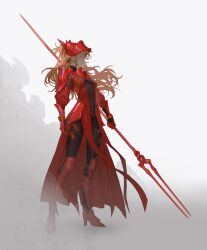 Rule 34 | 1girl, absurdres, alternate costume, armor, armored boots, armored dress, bident, blue eyes, boots, dress, expressionless, fantasy, from side, full body, grey background, helmet, high heels, highres, holding, holding polearm, holding weapon, lance of longinus (evangelion), long hair, nat (nathalie bartelius), neon genesis evangelion, orange hair, pauldrons, polearm, red armor, red dress, shoulder armor, smoke, solo, souryuu asuka langley, standing, weapon