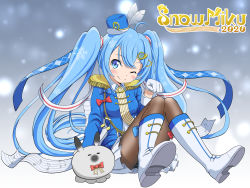 Rule 34 | 1girl, 1other, ahoge, argyle, band uniform, beamed eighth notes, black pantyhose, blue eyes, blue hair, blue headwear, blue jacket, blurry, blurry background, blush, boots, bow, bowtie, character name, commentary, derivative work, djakarta, eighth note, epaulettes, french horn, glint, gloves, hair ornament, hair ribbon, hairclip, hat feather, hatsune miku, highres, instrument, jacket, kanzaki hiro (style), knee boots, knees up, long hair, looking at viewer, mini shako cap, miniskirt, musical note, musical note print, one eye closed, panties, pantyhose, paw pose, pleated skirt, rabbit, rabbit yukine, ribbon, sitting, skirt, smile, snowing, staff (music), striped clothes, striped panties, striped ribbon, twintails, underwear, very long hair, vocaloid, white footwear, white gloves, white skirt, yuki miku, yuki miku (2020)