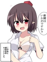Rule 34 | 1girl, bad id, bad pixiv id, blouse, breasts, cleavage, commentary request, enushi (toho193), hair between eyes, highres, meme, pointy ears, shameimaru aya, shirt, simple background, solo, touhou, translation request, upper body, white background, white shirt