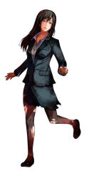 Rule 34 | 1girl, artist request, battle damage, black hair, blood, brown eyes, business suit, character sheet, city shrouded in shadow, concept art, formal, granzella, long hair, matsubara miharu, official art, promotional art, simple background, skirt, suit, torn clothes, white background
