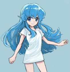 Rule 34 | 1girl, bare arms, bare legs, blue background, blue eyes, blue hair, collarbone, commentary request, cowboy shot, floating hair, hair between eyes, happinesscharge precure!, highres, long hair, looking away, no pants, pre221b, precure, shirayuki hime, shirt, short sleeves, sideways glance, simple background, smile, solo, t-shirt, white shirt