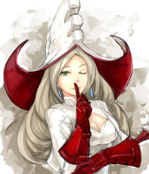 Rule 34 | 1girl, blonde hair, bravely default: flying fairy, bravely default (series), breasts, cleavage, earrings, gloves, green eyes, hat, holly white, jewelry, long hair, mkd78236, one eye closed, portrait, solo, white background