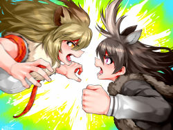 Rule 34 | 10s, 2girls, animal ears, antlers, battle, black hair, blonde hair, clenched hand, extra ears, from side, fur collar, hair between eyes, happa (cloverppd), horns, kemono friends, lion (kemono friends), lion ears, long hair, long sleeves, looking at another, moose (kemono friends), moose ears, multiple girls, necktie, open mouth, plaid, plaid necktie, plaid neckwear, plaid sleeves, purple eyes, short sleeves, teeth, yellow eyes