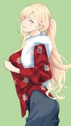 Rule 34 | 1girl, alternate costume, alternate hairstyle, animal print, bear print, blonde hair, blue eyes, breasts, green background, hair between eyes, highres, jacket, kantai collection, lips, long hair, long sleeves, mole, mole under eye, pants, ponytail, red jacket, richelieu (kancolle), shingyou (alexander-13), simple background, solo