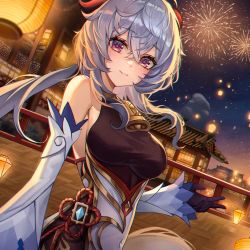 Rule 34 | 1girl, absurdres, bad id, bad twitter id, bare shoulders, bell, black gloves, blue hair, breasts, city, closed mouth, cowbell, detached sleeves, fireworks, ganyu (genshin impact), genshin impact, gloves, goat horns, hair between eyes, highres, horns, long hair, looking at viewer, medium breasts, neck bell, night, night sky, outdoors, poise, purple eyes, sky, smile, solo, white sleeves