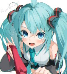 Rule 34 | 1girl, ahoge, bare shoulders, black skirt, black thighhighs, blue eyes, blue hair, blue necktie, blush, breasts, collared shirt, commentary request, detached sleeves, english text, fingernails, gotou (nekocat), grey shirt, hair between eyes, hair ornament, hands up, hatsune miku, heart, heart hair ornament, highres, long fingernails, long hair, long sleeves, looking at viewer, medium breasts, necktie, number tattoo, numbered, open mouth, red necktie, shirt, simple background, skirt, smile, solo, square pupils, tattoo, teeth, thighhighs, tongue, twintails, v, vocaloid, white background, wide sleeves