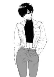 Rule 34 | 1girl, cowboy shot, facing viewer, greyscale, hand in pocket, head tilt, highres, looking at viewer, midriff, monochrome, navel, norman maggot, olive laurentia, original, pants, pixie cut, short hair, simple background, standing, white background