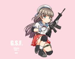 Rule 34 | 1girl, assault rifle, black footwear, blue sailor collar, commentary request, elbow pads, full body, green eyes, grey hair, gun, hat, hip vent, kantai collection, knee pads, kneeling, long hair, low twintails, mikura (kancolle), on one knee, panties, pink background, pleated skirt, puffy short sleeves, puffy sleeves, red skirt, rifle, sailor collar, sailor hat, sailor shirt, shirt, shoes, short sleeves, simple background, skirt, smile, sneakers, solo, t86 assault rifle, t91 assault rifle, tsukemon, twintails, underwear, weapon, white hat, white panties, white shirt