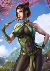Rule 34 | 1girl, abs, armband, avatar: the last airbender, avatar legends, blue eyes, breasts, brown hair, cherry blossoms, dandon fuga, folding fan, green armband, hair bun, hand fan, hand on own hip, highres, large breasts, leggings, looking at viewer, midriff, muscular, muscular female, solo, suki (avatar)