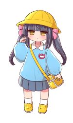 Rule 34 | 1girl, bag, black hair, blue shirt, blue skirt, blush, brown eyes, closed mouth, collared shirt, full body, hand up, hat, highres, kindergarten bag, kindergarten uniform, loafers, long hair, long sleeves, looking at viewer, naga u, original, pleated skirt, puffy long sleeves, puffy sleeves, school hat, shirt, shoes, simple background, skirt, sleeves past wrists, socks, solo, standing, twintails, white background, white socks, yellow footwear, yellow hat