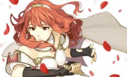 Rule 34 | armor, bare shoulders, cape, celica (fire emblem), earrings, fingerless gloves, fire emblem, fire emblem echoes: shadows of valentia, gloves, hairband, highres, jewelry, looking to the side, nenekantoku, nintendo, orange hair, red eyes, solo, sword, wavy hair, weapon, white armor