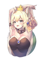 Rule 34 | 1girl, armpits, arms up, bare shoulders, black dress, blonde hair, bowsette, breasts, cleavage, collar, collarbone, commentary request, crown, dduck kong, dress, earrings, grey eyes, hair between eyes, highres, horns, jewelry, mario (series), medium breasts, mini crown, new super mario bros. u deluxe, nintendo, pointy ears, signature, simple background, solo, spiked collar, spikes, strapless, strapless dress, super crown, turtle shell, white background