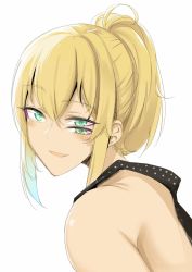 Rule 34 | 1girl, :d, blonde hair, blush, borrowed character, doko tetora, extra eyes, from side, gradient hair, green eyes, looking at viewer, looking to the side, multicolored hair, open mouth, original, ponytail, simple background, smile, solo, upper body, white background