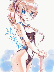 Rule 34 | 1girl, black one-piece swimsuit, blue eyes, bokken, brown hair, competition swimsuit, cowboy shot, dated, hair ornament, hairclip, kantai collection, kumano (kancolle), long hair, looking at viewer, miuku (marine sapphire), one-piece swimsuit, open mouth, ponytail, signature, smile, solo, standing, swimsuit, sword, weapon, white background, wooden sword