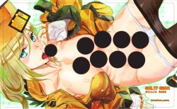 Rule 34 | 1girl, arcade stick, arm support, ashiomi masato, black pantyhose, blonde hair, blue eyes, blush, breasts, censored, censored nipples, character name, collarbone, commentary request, controller, copyright name, covered erect nipples, dutch angle, eyes visible through hair, fellatio gesture, fingerless gloves, from above, fur collar, fur hat, furrowed brow, game controller, gloves, guilty gear, guilty gear xrd, hair between eyes, hand up, hat, high collar, jacket, joystick, large breasts, long hair, long sleeves, looking at viewer, millia rage, novelty censor, open clothes, open jacket, open mouth, oral simulation, orange hat, orange jacket, panties, panty pull, pantyhose, parted bangs, saliva, sexually suggestive, simple background, sleeve cuffs, solo, sweat, template, tongue, tongue out, trim marks, twitter username, underwear, ushanka, white gloves, white panties
