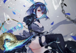 Rule 34 | 1girl, alice (sinoalice), ass, blue hair, blurry, blurry foreground, boots, breasts, chain, cleavage, cleavage cutout, clothing cutout, debris, frilled skirt, frills, grey background, headband, highres, holding, holding sword, holding weapon, large breasts, looking at viewer, magic, open mouth, puffy sleeves, red eyes, ribbon, short hair, sinoalice, skirt, solo, sword, thigh boots, thighhighs, thighs, torn clothes, torn thighhighs, turtleneck, vardan, weapon