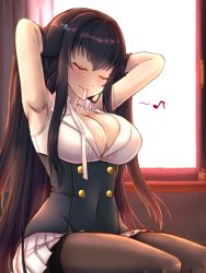 Rule 34 | 1girl, azuma (azur lane), azur lane, black hair, breasts, cleavage, closed eyes, hands in hair, indoors, large breasts, light blush, long hair, miniskirt, mouth hold, pantyhose, partially unbuttoned, pleated skirt, ribbon, ribbon in mouth, shirt, sitting, skirt, solo, tying hair, very long hair, waa! okami, white shirt, white skirt