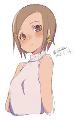 Rule 34 | 1girl, bare shoulders, blush, breasts, brown eyes, brown hair, closed mouth, dark skin, dark-skinned female, dated, earrings, grey shirt, hair ornament, hairclip, jewelry, looking at viewer, maze (gochama ze gohan), original, shirt, short hair, signature, simple background, sketch, sleeveless, sleeveless shirt, small breasts, smile, solo, star (symbol), star earrings, white background