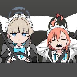 2girls ahoge aqua_bow aqua_bowtie arms_behind_head arms_up asymmetrical_bangs black_gloves black_halo blonde_hair blue_archive blue_bow blue_bowtie blue_eyes blue_halo bow bowtie braid car closed_eyes collarbone driving expressionless fingerless_gloves gloves hair_intakes halo highres huge_ahoge jacket jitome long_sleeves maid maid_headdress mole mole_under_eye motor_vehicle multiple_girls neru_(blue_archive) on_car open_mouth orange_hair print_jacket seatbelt shirt short_hair side_braid single_braid steering_wheel sukajan tag toki_(blue_archive) v-shaped_eyebrows washin