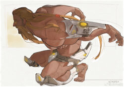 Rule 34 | 1boy, arms behind back, artist name, bara, beard, blonde hair, character request, copyright request, cyborg, facial hair, fighting stance, from above, full body, glowing, glowing eyes, highres, jinhallz, large pectorals, long beard, long hair, looking ahead, male focus, mature male, muscular, muscular male, pectorals, solo, squatting, white background