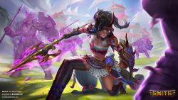 Rule 34 | absurdres, athena (smite), athena (smite) (oni battle maiden), black footwear, black hair, boots, bramasta aji, breasts, cleavage, copyright name, english text, grass, green eyes, highres, holding, holding polearm, holding shield, holding weapon, horns, logo, long hair, looking at viewer, medium breasts, on one knee, outdoors, polearm, shield, skirt, smite, spear, thigh boots, watermark, weapon, web address, white skirt
