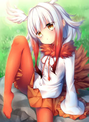 Rule 34 | 10s, 1girl, :&lt;, brown eyes, chiyonekoko, expressionless, feet, gloves, head wings, japanese crested ibis (kemono friends), kemono friends, leg lift, multicolored hair, no shoes, pantyhose, red hair, red pantyhose, shirt, short hair, silver hair, sitting, skirt, solo, spread legs, two-tone hair, wings