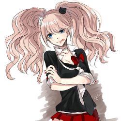 Rule 34 | 10s, 1girl, :p, animal hair ornament, artist name, be (130896), bear hair ornament, blue eyes, bow, breasts, choker, cleavage, crossed arms, danganronpa (series), danganronpa: trigger happy havoc, enoshima junko, hair ornament, long hair, nail polish, necktie, pink hair, pleated skirt, red skirt, skirt, sleeves rolled up, solo, spoilers, tongue, tongue out, twintails