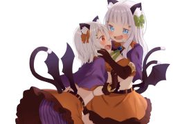 Rule 34 | :d, animal ear fluff, animal ears, ass, black gloves, black wings, blue eyes, blush, bow, breasts, brown bow, brown skirt, capelet, cat ears, cat girl, cat tail, elbow gloves, eye contact, fangs, frilled skirt, frills, gloves, green bow, hair bow, hair ornament, hairclip, hand on another&#039;s face, leaning forward, long hair, looking at another, low wings, muku (muku-coffee), multiple tails, open mouth, original, profile, purple capelet, purple shorts, red eyes, sheeney (muku), shiro (muku), shorts, silver hair, simple background, skirt, small breasts, smile, striped clothes, striped shorts, tail, two tails, vertical-striped clothes, vertical-striped shorts, white background, wings