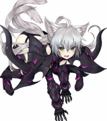 Rule 34 | 1girl, ahoge, all fours, animal ears, armor, atalanta (fate), atalanta alter (fate), atalanta alter (third ascension) (fate), beriko (dotera house), black armor, cat ears, cat tail, fate/grand order, fate (series), gauntlets, greaves, green eyes, highres, long hair, pauldrons, shoulder armor, silver hair, simple background, slit pupils, tail, very long hair, white background