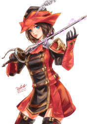 Rule 34 | 1girl, 2021, adventurer (ff11), artist name, ascot, black gloves, black hat, black thighhighs, blue eyes, brown hair, commentary request, dated, feathers, final fantasy, final fantasy xi, gloves, hat, hat feather, highres, holding, holding sword, holding weapon, hume, legs apart, lips, long sleeves, morere, open mouth, rapier, red ascot, red hat, red lips, red mage (final fantasy), red thighhighs, short hair, signature, solo, standing, sword, thighhighs, tricorne, twitter username, two-tone headwear, two-tone legwear, two-tone thighhighs, weapon, white feathers, zettai ryouiki