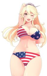 Rule 34 | 10s, 1girl, absurdres, ahoge, american flag bikini, american flag print, arm behind back, arm over head, bikini, blonde hair, blue eyes, blush, breasts, cleavage, flag print, highres, iowa (kancolle), kantai collection, large breasts, long hair, looking at viewer, navel, one eye closed, open mouth, print bikini, rigging, skindentation, solo, star-shaped pupils, star (symbol), suruga (xsurugax), swimsuit, symbol-shaped pupils, thigh gap, white background
