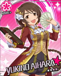 Rule 34 | 10s, 1girl, aihara yukino, artist request, ascot, braid, brown eyes, brown hair, card (medium), character name, coat, earrings, hair ornament, holding, idolmaster, idolmaster cinderella girls, jewelry, long hair, looking at viewer, money, official art, open mouth, pants, ring, single braid, smile, solo, very long hair